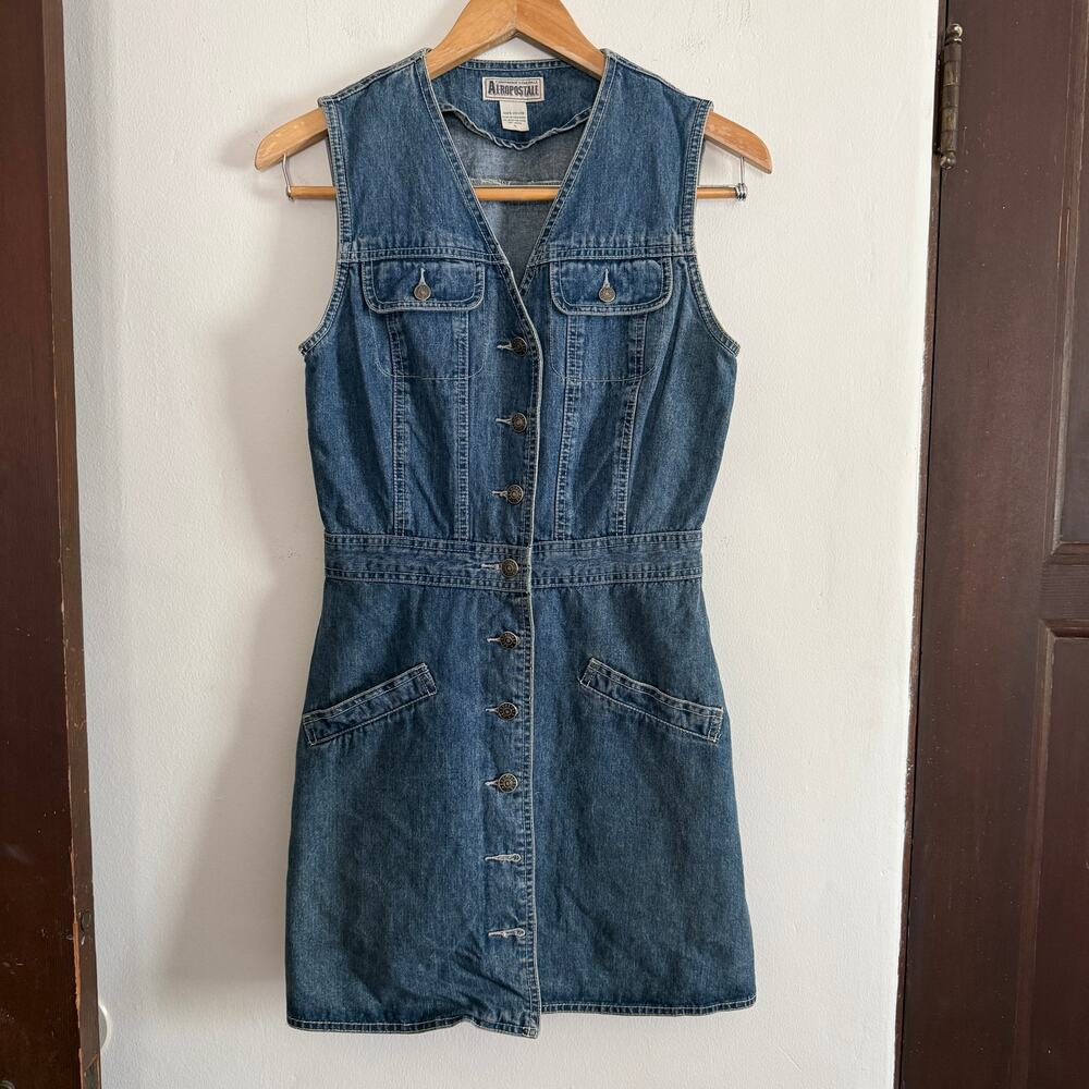 90s Vintage Aeropostale | Blue Jean Mini Dress Button down Size Small